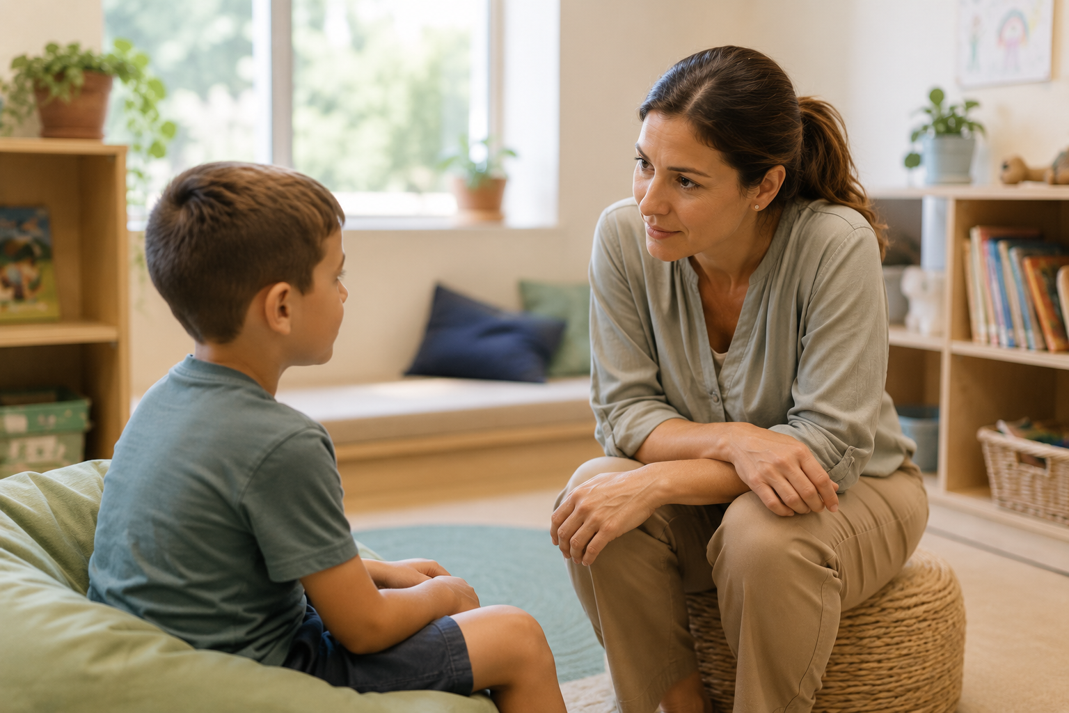 Educator having a quiet one-on-one wellbeing conversation with a child